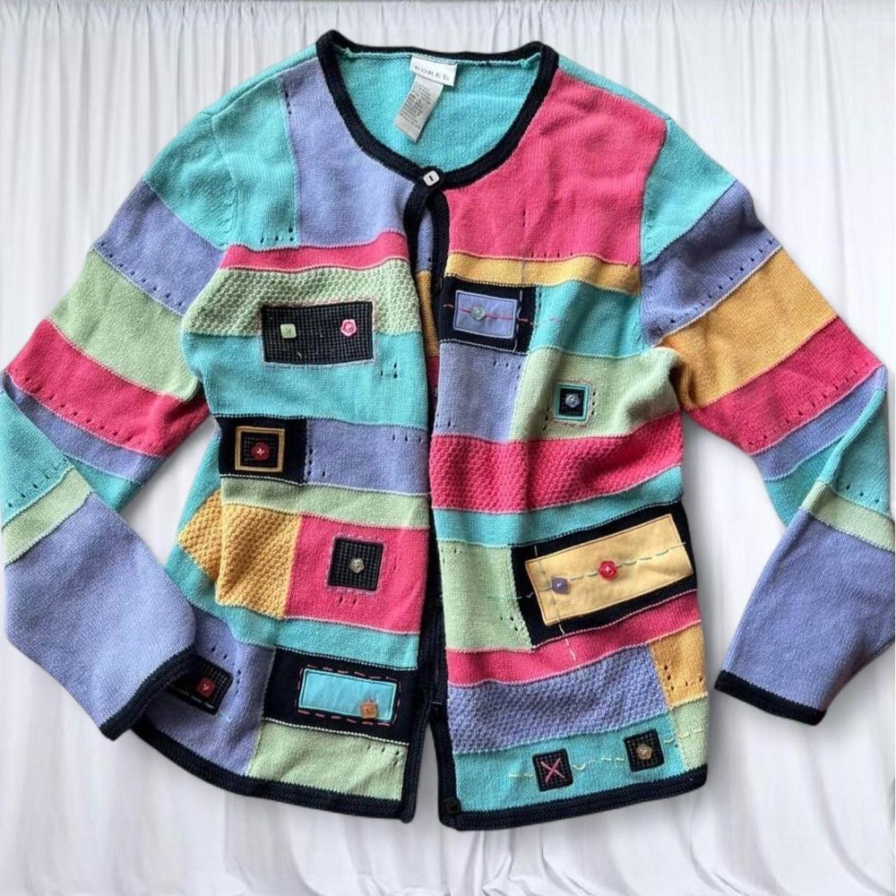 Funky Colorful Vintage Sweater Koret Cardigan Large Multi Color Patchwork Button